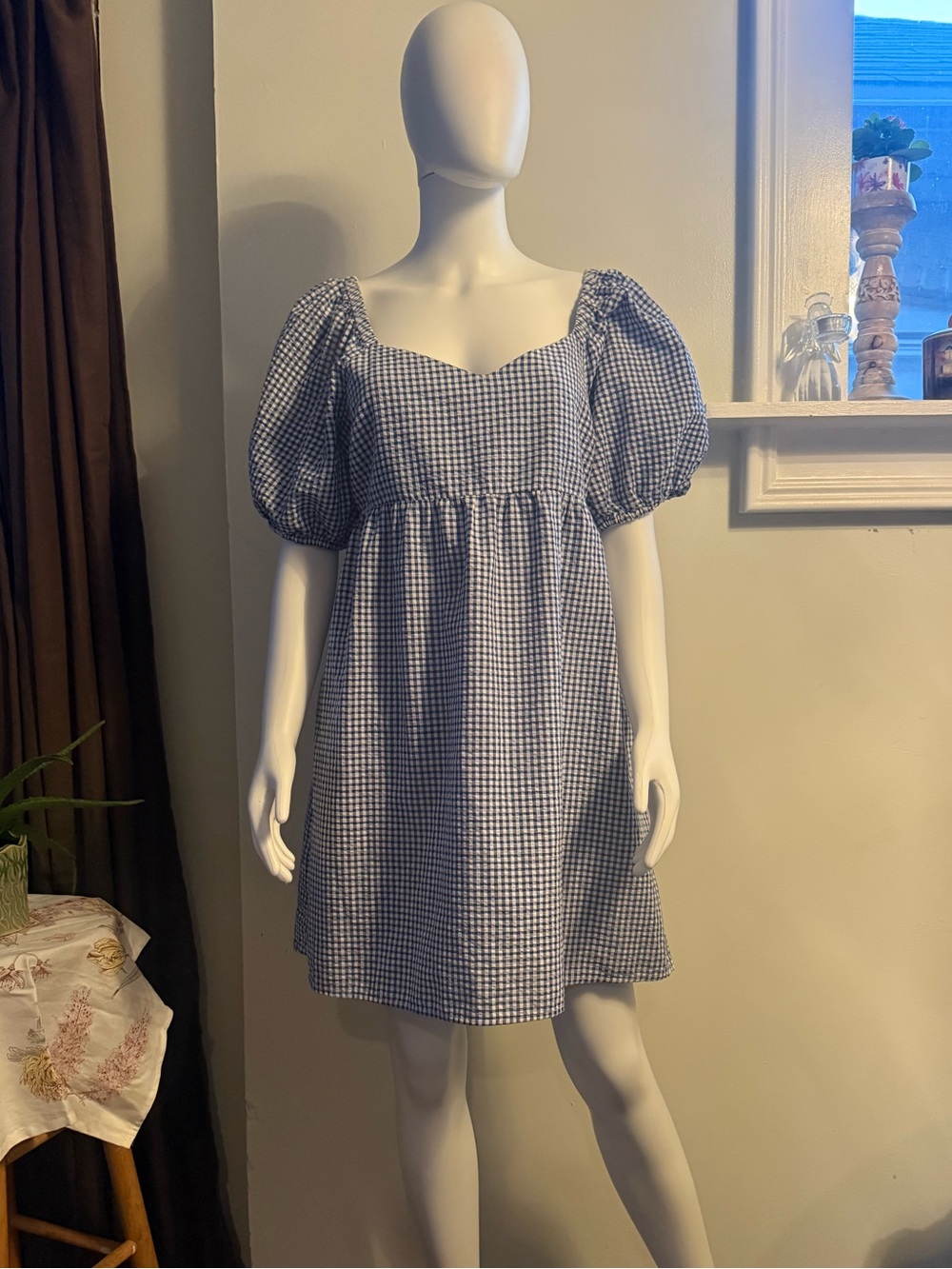 Old Navy Blue Gingham Puff-Sleeve Midi Dress